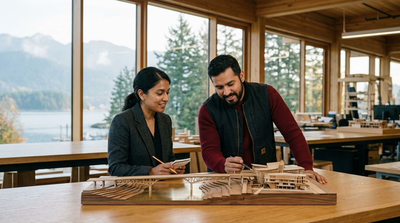 Two skilled engineering and finance professionals examining an architectural bridge scale model inside a British Columbia mass-timber studio overlooking coastal mountains