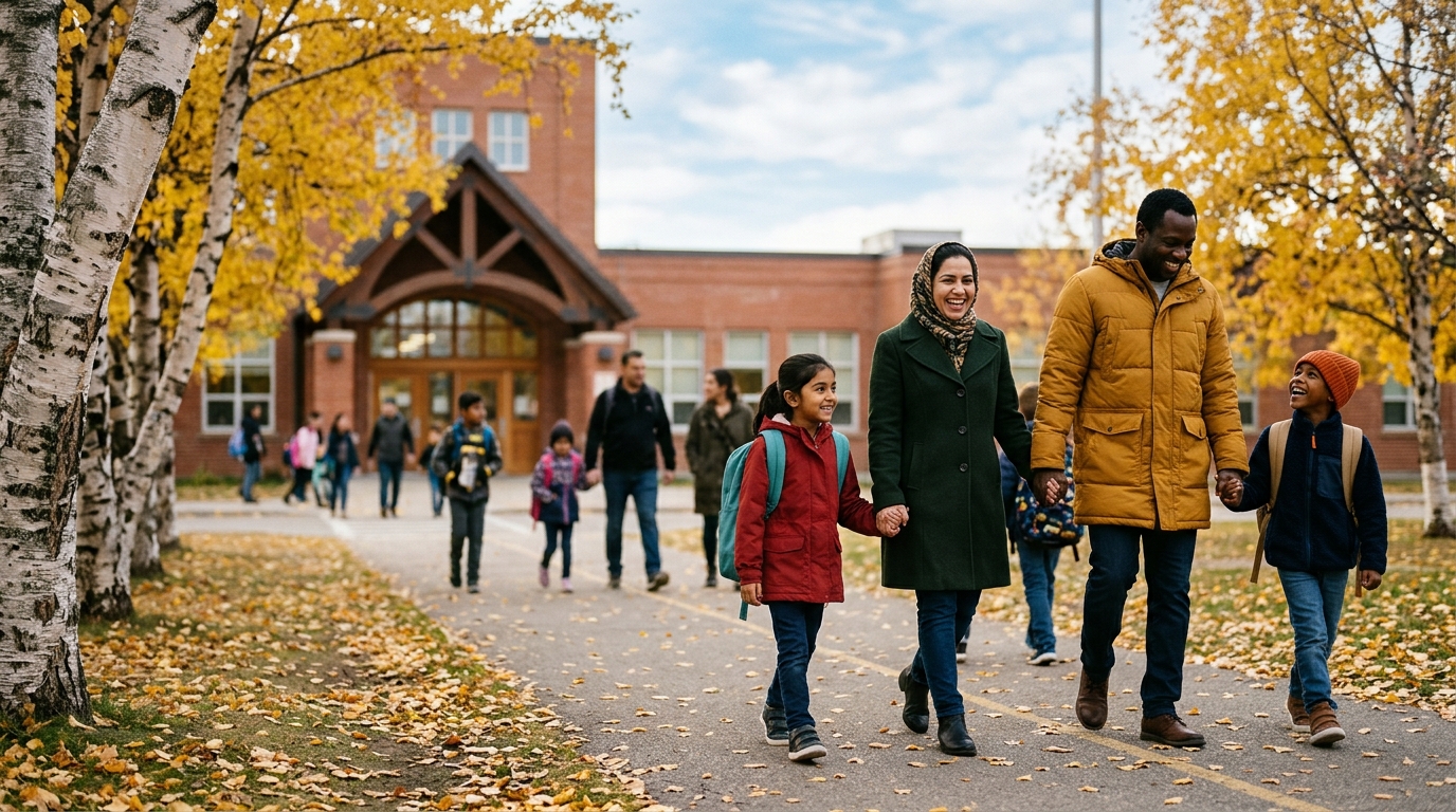 Newcomer parents walking elementary children along autumn birch sidewalk toward brick public school in the Prairies