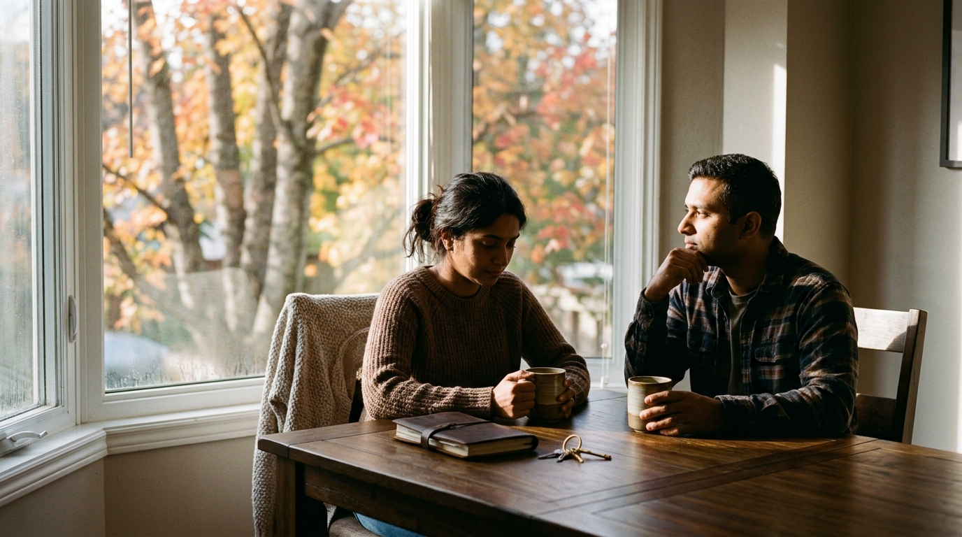 Canadian newcomer couple reviewing household budget beside house keys in autumn daylight